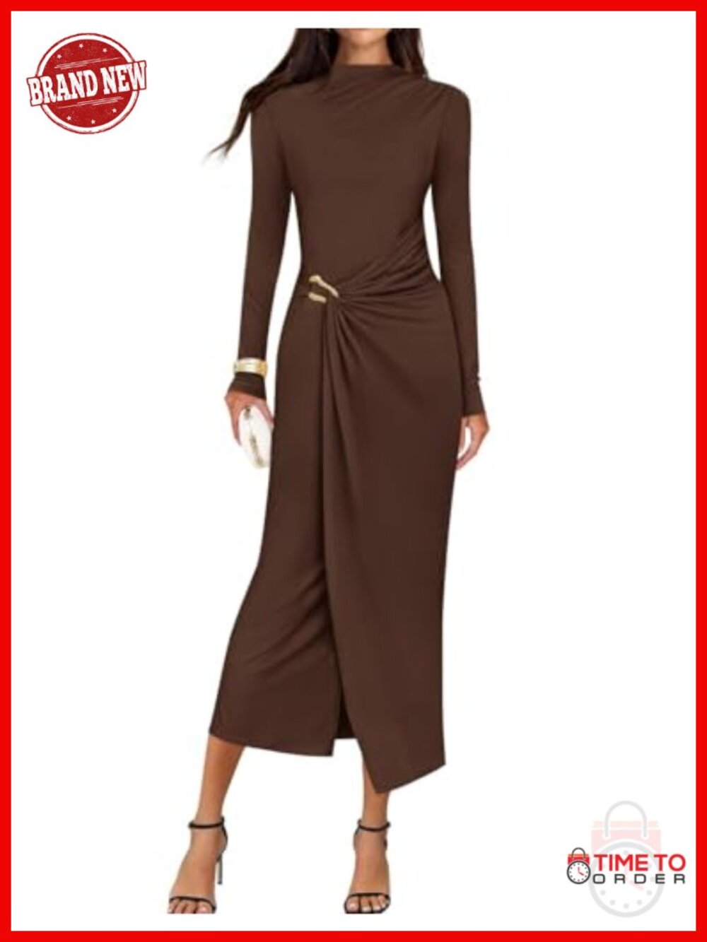 Womens Mock Neck Ruched Bodycon Long Sleeve Midi Dress Formal Cocktail